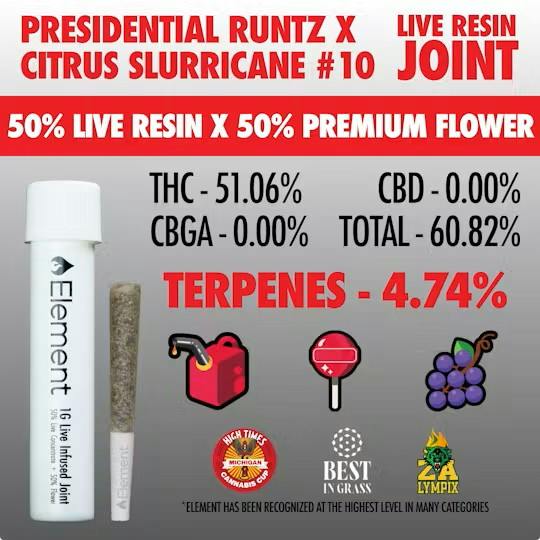 Presidential Runtz x Citrus Slurricane #10 Live Resin Joint Indica / Hybrid by Element – Pre-Rolls at Gatsby Cannabis