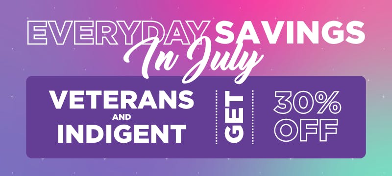 Shangri-La Everyday Savings in July banner promoting a 30% discount for veterans and indigent customers, featuring the GET loyalty program and ongoing monthly cannabis savings.