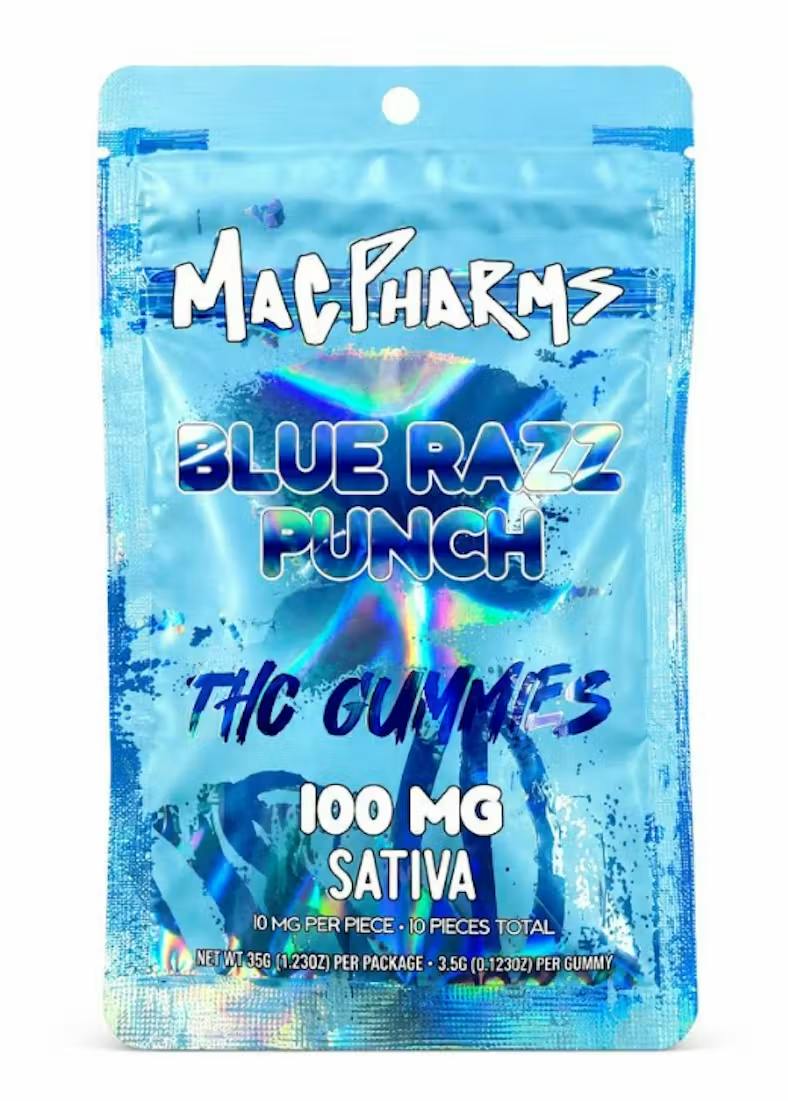 Mac Pharms Blue Razz Punch 10pk 100mg Gummies