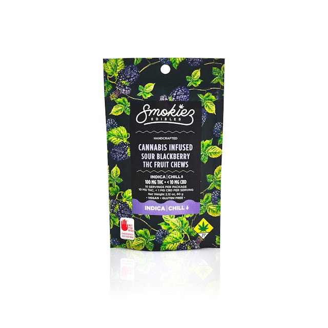Enhanced with real cannabis terpenes!
Smokiez Sour Blackberry Indica Fruit Chews are NOT YOUR AVERAGE FRUIT CHEWS™ ;)
These fruit chews taste like fresh blackberries, but with a zing! They have a tangy taste that is reminiscent of ripe berries. 
These delicious fruit chews are a tasty and discreet way for you to medicate!
They are also Vegan, Gluten Free, Dairy-Free, and contain NO High Fructose Corn Syrup. 
Each of our mouth watering fruit chews contain 10 mg of THC, and made with our high clarity cannabis distillate for great taste. 
There are 10 pieces per package with 100 mg active THC per package.