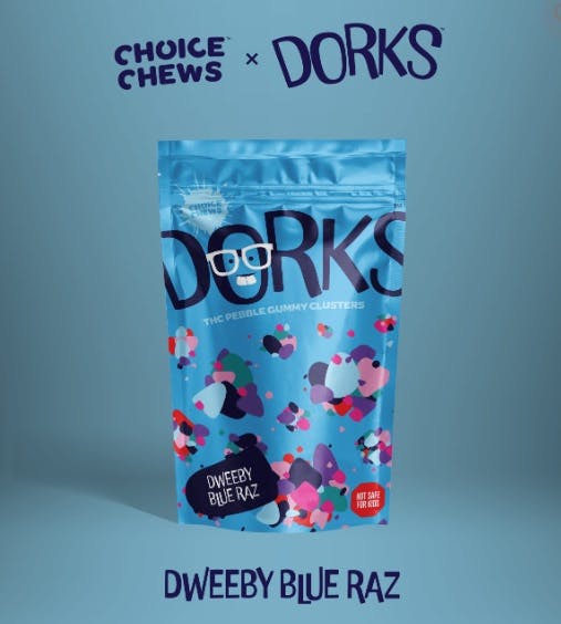 Product: Choice Chews x Dorks | Dweeby Blue Raz Sativa Pebble Gummy Clusters | 200mg