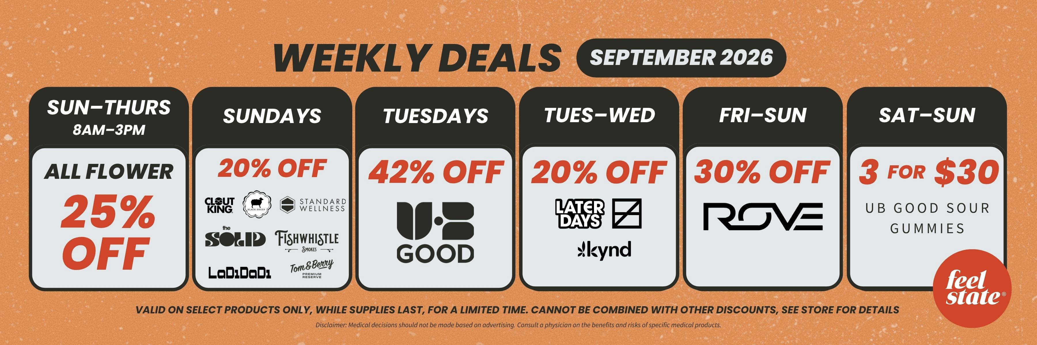 Weekly deals for September 2026. Outline of deals by day of the week.