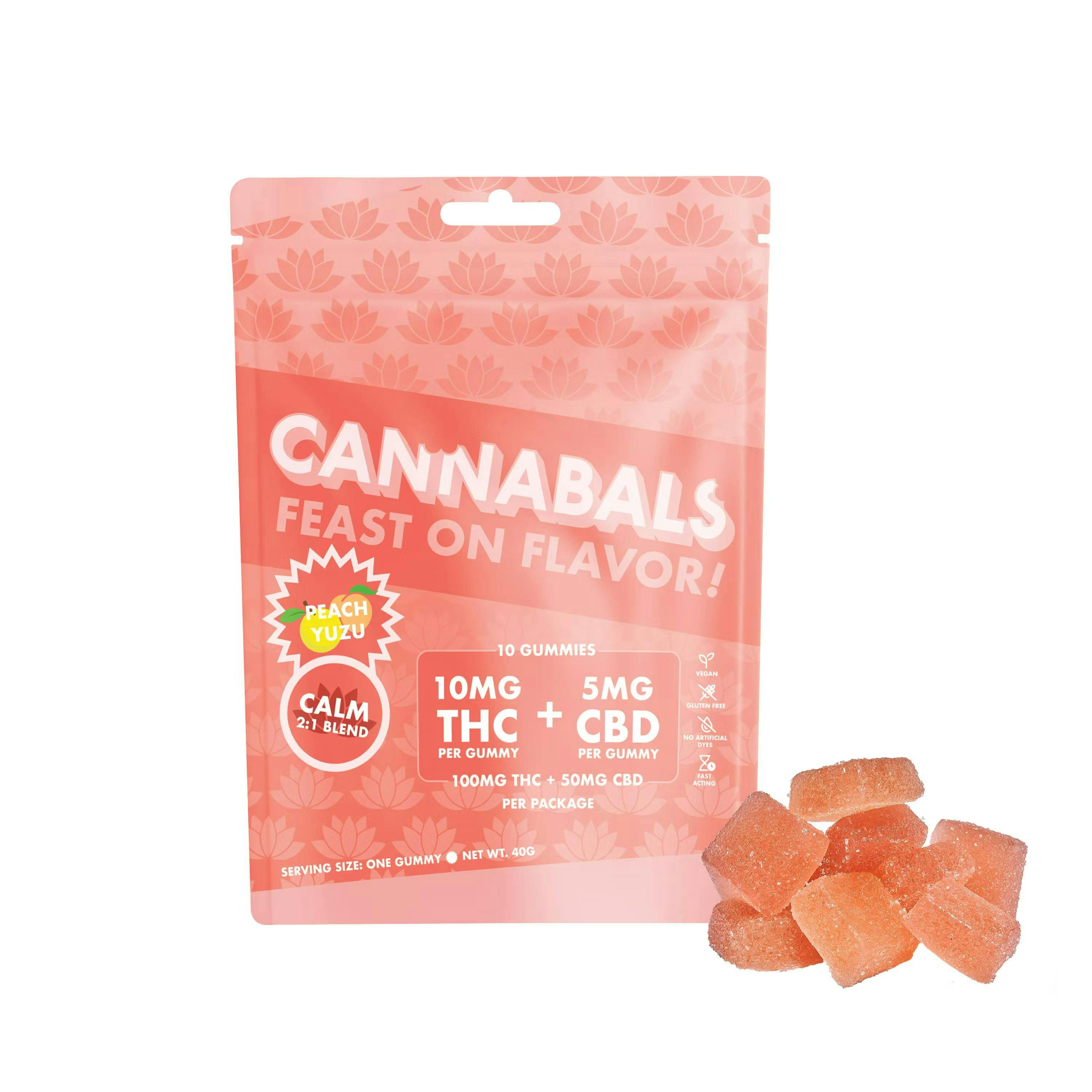 Cannabals Peach Yuzu Calm 2:1 THC:CBD 10pk 100mg Gummies