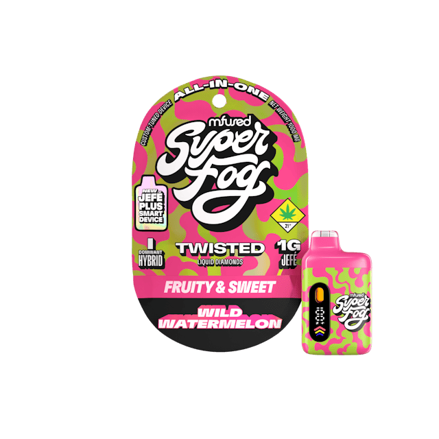 TYPE: Indica Dom. Hybrid 
TASTING NOTES: Fruity & Sweet 
Wild Watermelon is a beloved melon bubblegum throwback. This classic flavor is a juicy blast of deliciousness you could almost chew. Hit this twist on the fruity, bubblegum nostalgia of days gone by, “Ooh baby, baby, it’s a Wild Watermelon!” 
TWISTED is a flavorful, high-strength concentrate that uses melted THCa diamonds for potency and all-natural terpenes for unique flavor profiles that are exciting and familiar. 
Introducing the upgraded Mfused Jefé Plus device! 
LED screen display 
Dosing Timer – Time your hits to monitor vapor intake 
Battery Life – Monitor battery level so you’re never caught off guard 
Temperature Display – Easily see which temperature your device is set to 
Cold Start Timer – Countdown timer to indicate when device is ready for usage 
Spark Button allows for a fully customized cannabis experience 
Two Taps – Cold Start: Preheat oil and prevent potential clogging issues 
Three Taps – Change Temperature: Three different temperatures 
Five Taps – On/Off: Control battery life by turning off device when not in use 
Discreet size and ergonomic shape for convenience 
Custom-designed atomizer tuned for each oil type and product line 
Fast charging via USB-C with multi-day battery endurance 
Zero harmful additives 
Independently tested to ensure product safety 
Designed, tested and developed in the U.S. with our aerosol testing laboratory 
Built-in seven-second safety timer prevents the atomizer from overheating
