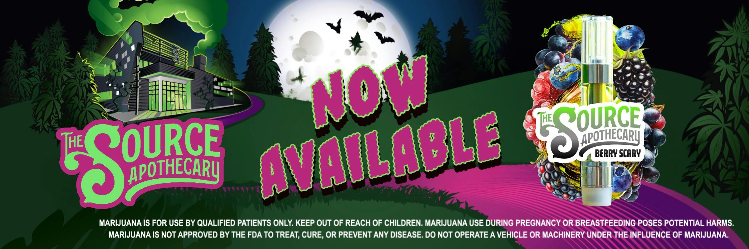 Now available: The Source Apothecary Berry Scary cart, shown with blueberries, blackberries, and raspberries. Illustrated The Source building on a moonlit Halloween night with bats.