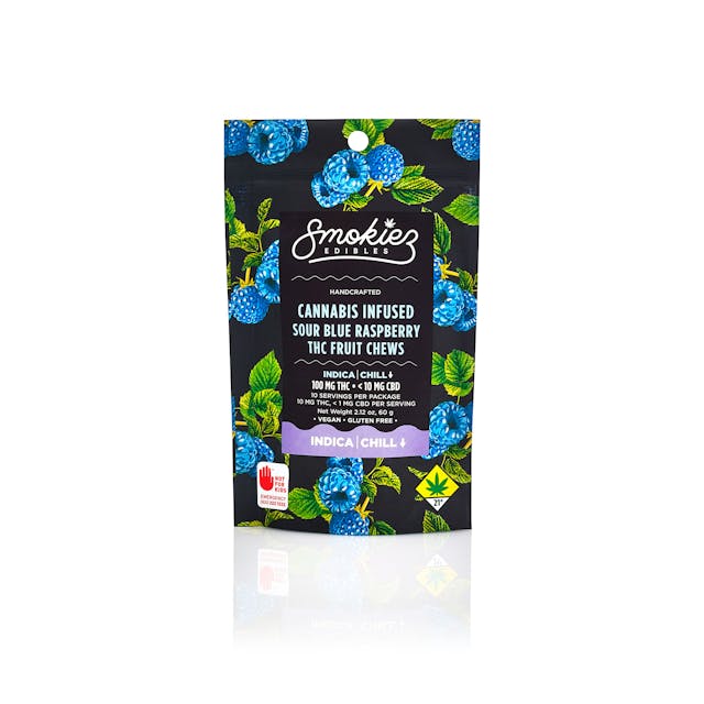 Enhanced with real cannabis terpenes!
Smokiez Sour Blue Raspberry Indica Fruit Chews are NOT YOUR AVERAGE FRUIT CHEWS™ ;)
These fruit chews taste like fresh raspberries, but with a zing! They have a tangy taste that is reminiscent of ripe berries. 
These delicious fruit chews are a tasty and discreet way for you to medicate!
They are also Vegan, Gluten Free, Dairy-Free, and contain NO High Fructose Corn Syrup. 
Each of our mouth watering fruit chews contain 10 mg of THC, and made with our high clarity cannabis distillate for great taste. 
There are 10 pieces per package with 100 mg active THC per package.
