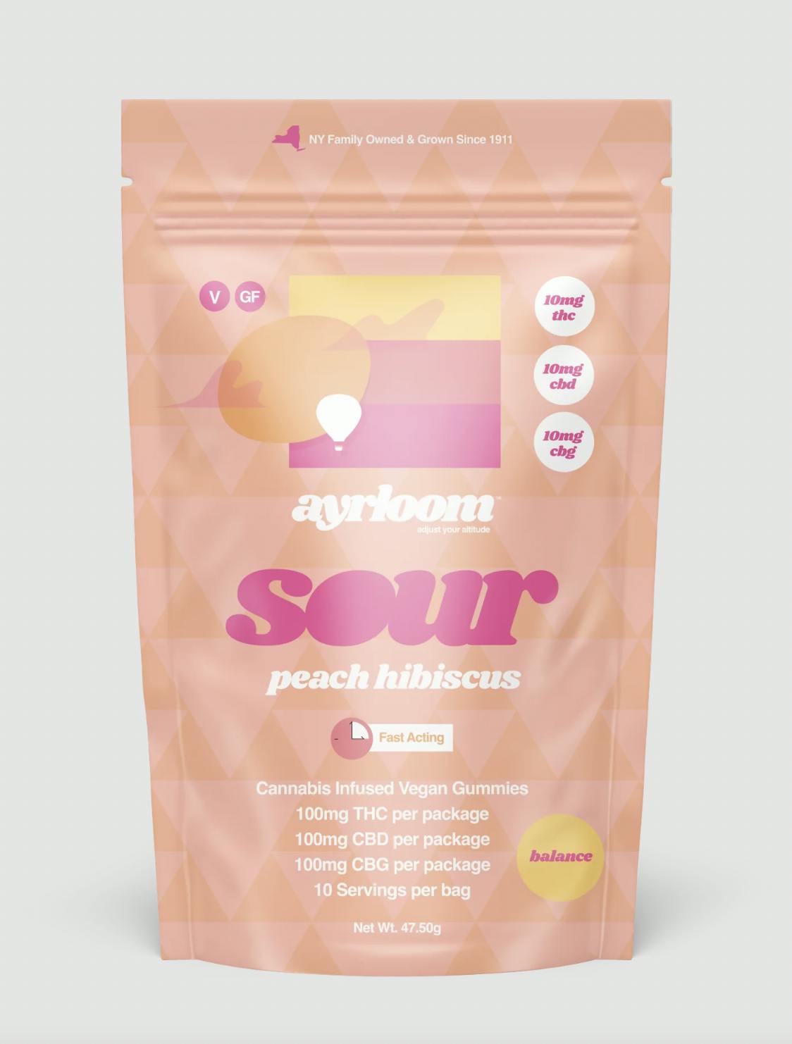 Ayrloom Sour Peach Hibiscus 1:1:1 | 10MG THC : 10MG CBD : 10MG CBG 10 Pack-1