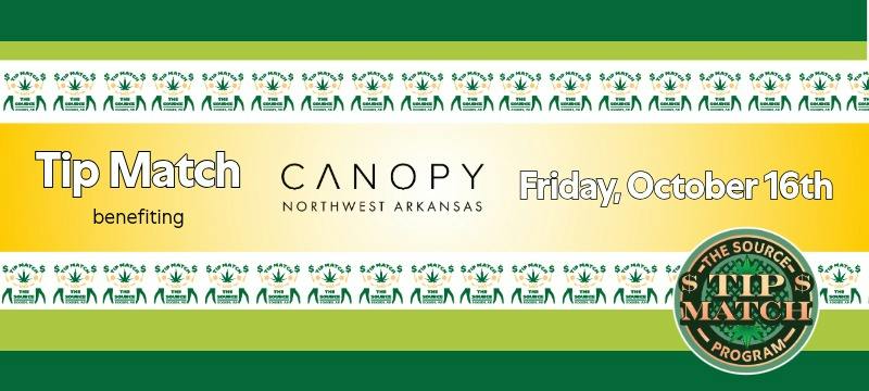 Green and gold banner with rows of Tip Match with The Source logos. Text reads "Tip Match benefiting Canopy Northwest Arkansas, Friday, October 16th" with The Source Tip Match Program badge.