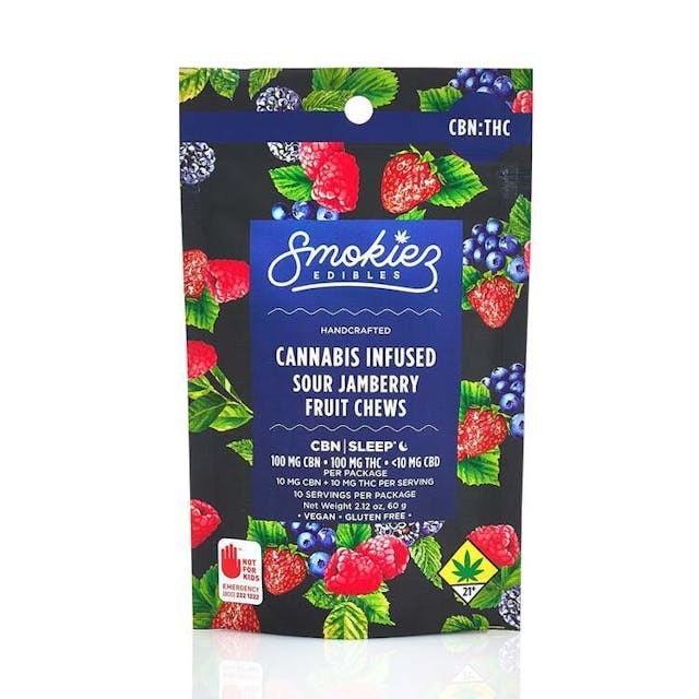 CBN | SLEEP Smokiez Sour Jamberry CBN:THC 1:1 Fruit Chews are NOT YOUR AVERAGE FRUIT CHEWS™ ;) These delicious fruit chews are a tasty and discreet way for you to medicate! They are also Vegan, Gluten Free, Dairy-Free, and contain NO High Fructose Corn Syrup. Each of our mouth watering fruit chews contain 10 mg of CBN and 10 mg of THC, and made with our high clarity cannabis distillate for great taste. There is 10 pieces per package with 100mg CBN + 100 mg active THC per package. -- SO... WHAT IS CBN? Cannabidol (CBN) is the most sedative-known cannabinoid, making it ideal for a good night's sleep.