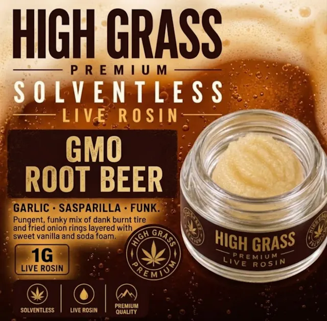 High Grass Farms Cold Cure Live Rosin GMO Root Beer 1g (indica hybrid)