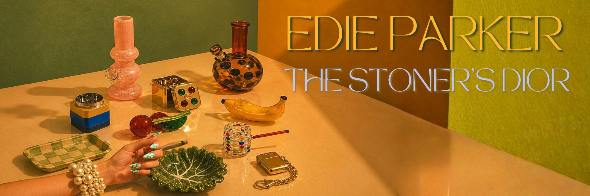 Hand Over An Ashtray Surrounded By Smoking Accessories. New Product Launch. Text Reads "Edie Parker. The Stoner's Dior."