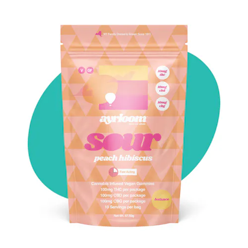 Ayrloom Sour Peach Hibiscus 1:1:1 | 10MG THC : 10MG CBD : 10MG CBG 10 Pack-active