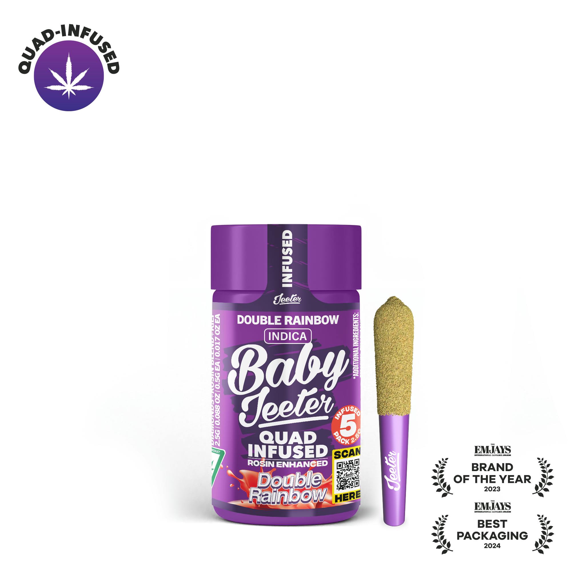 Product: Jeeter | Double Rainbow | Infused Baby Pre-rolls | 0.5g x 5 (2.5g) | Indica