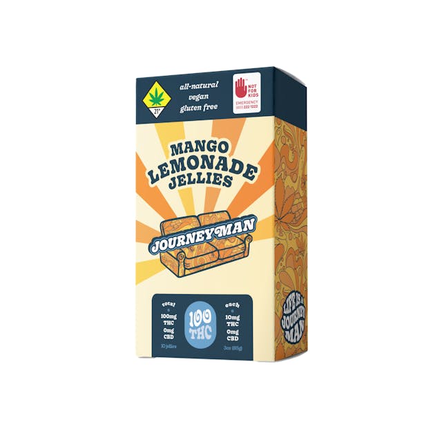 Oh so sweet and tangy, Journeyman Mango Lemonade Jellies are a bright bite of sunshine. Packed with the good stuff, our friend Mary, for a radical ride to stoney nirvana. All-Natural, Vegan and Gluten Free 100mg THC, 10-pack (10mg THC each)