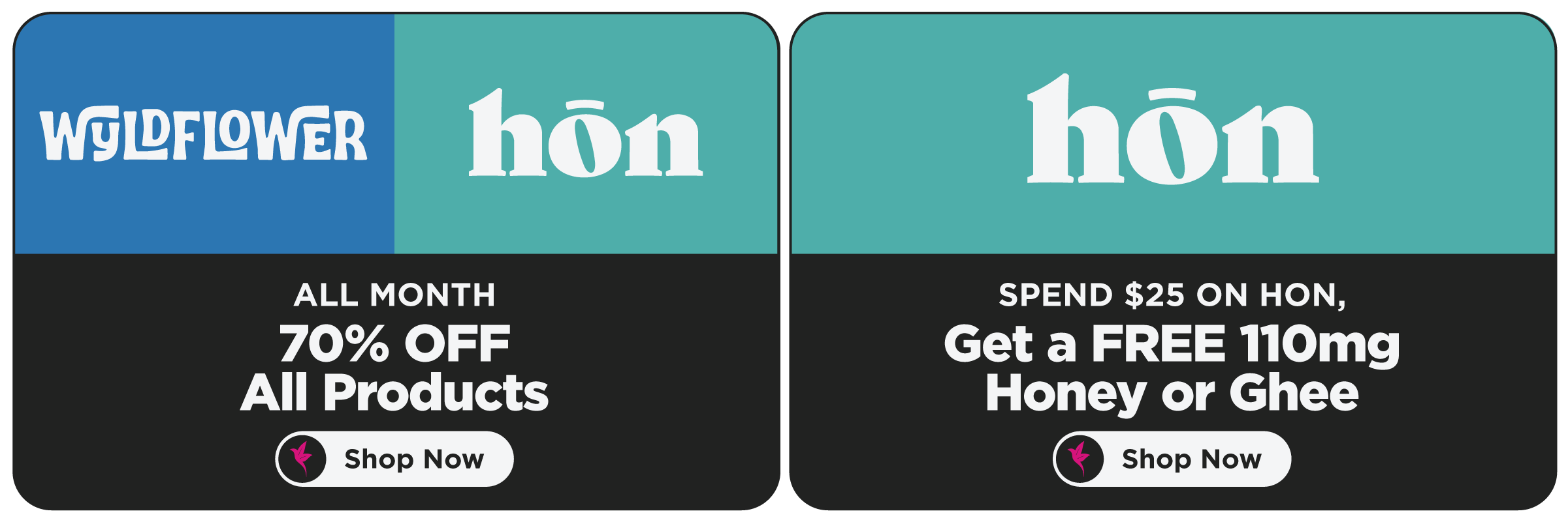 Shangri-La dispensary promotional banners featuring 70% off all Wyldflower and hōn cannabis products all month, plus a hōn offer where customers receive a free 110mg Honey or Ghee with a $25 purchase.
