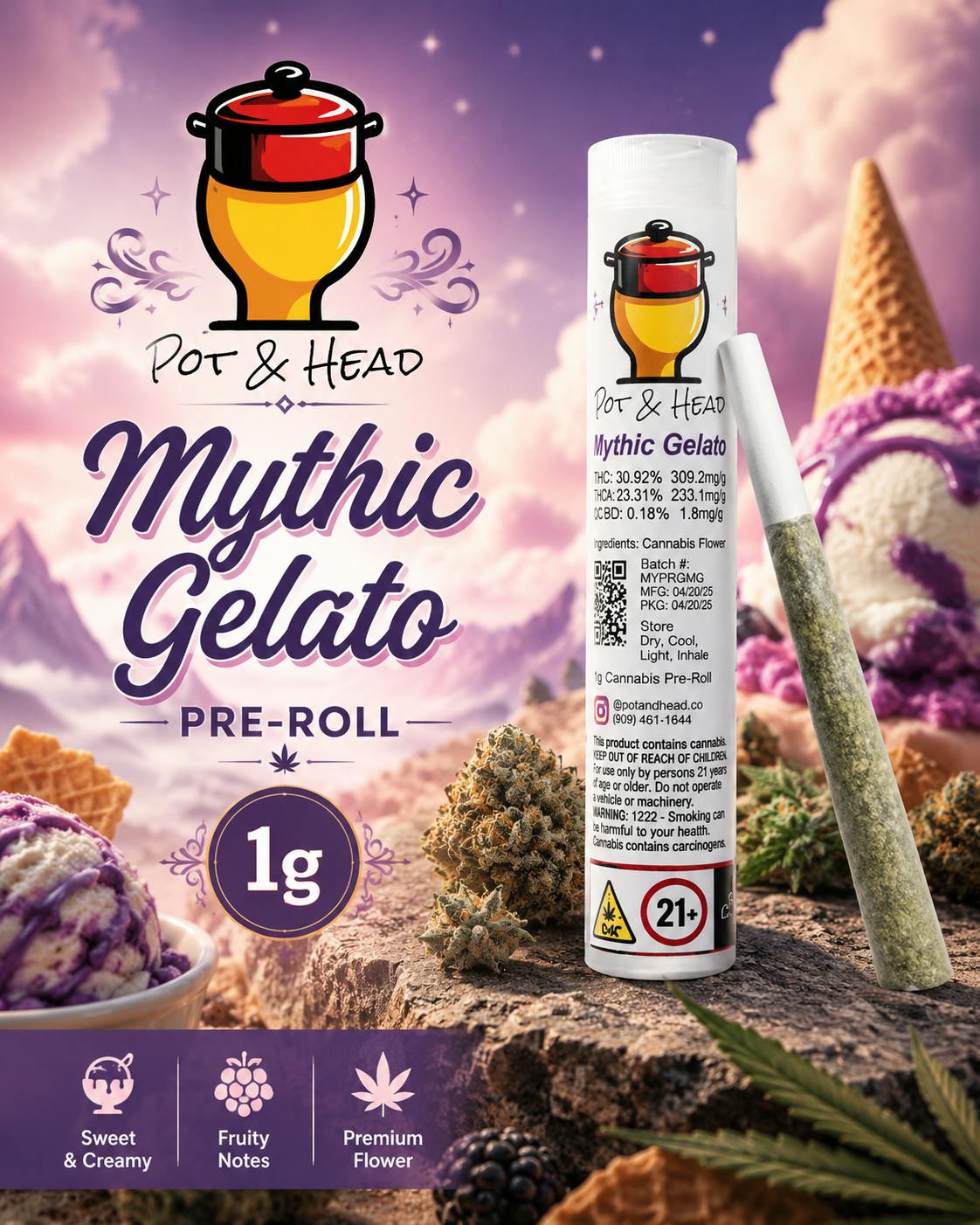 Product Pot & Head | Mythic Gelato | Pre-Roll | 1g