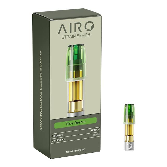 Blue Dream is a popular cannabis strain created by crossing Blueberry and Haze. It features a smooth, fruit-forward flavor and aroma profile highlighted by sweet berry notes with subtle hints of earth and spice. Its effects are often described as uplifting and cerebral while providing gentle physical relaxation, creating a balanced experience well suited for daytime or early evening use.

Airo Brands Strain Series consists of high-potency, pure distillate oil blended with 100% naturally sourced terpenes true to the cannabis plant. Our unique terpene profiles give you a classic strain taste and feel.

AiroPod Cartridges are only compatible with the AiroPro Vaporizer.