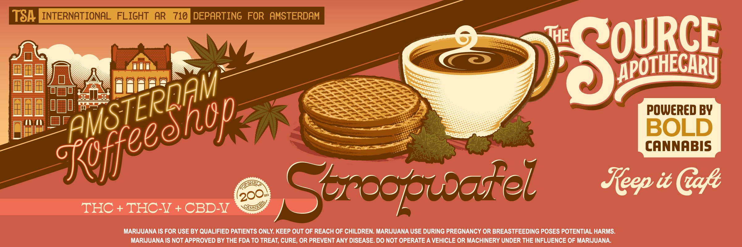 Promotional banner for TSA's Amsterdam Koffeeshop Stroopwafel cannabis product with THC, THC-V, and CBD-V - Powered by BOLD Cannabis. Coffee cup and Dutch stroopwafel cookies illustration on coral pink background. Text reads "TSA international flight AR 710 departing for Amsterdam." Keep it Craft at The Source Apothecary in Rogers, Arkansas.
