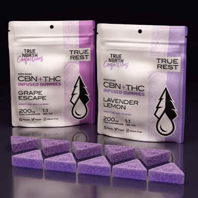 Product: True North Confections x Five Star Extracts | Vegan Grape Escape THC:CBN Gummies 5pc | 100mg:100mg