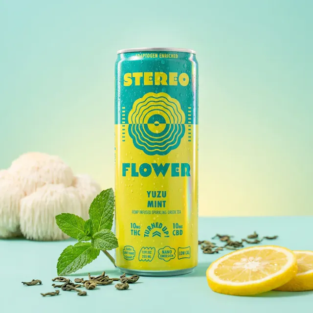 Stereo Flower Sparkling Tea Yuzu Mint 1 CBD : 1 THC 12oz/10mg (hybrid, drinks)