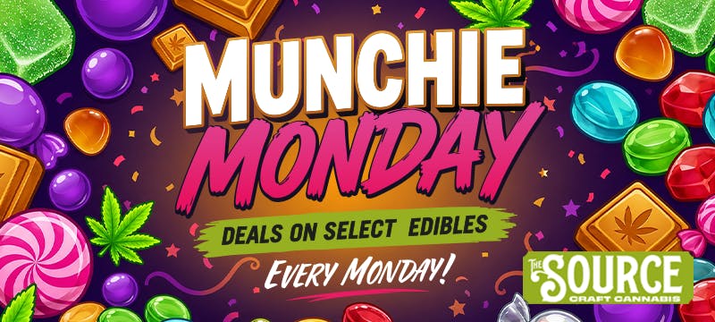 Munchie Monday promotional banner for The Source Craft Cannabis in Rogers, AR. Bold graphic announcing deals on select edibles every Monday, featuring illustrated cannabis-infused chocolates, gummies, and hard candies surrounding the text against a dark purple background with confetti accents.