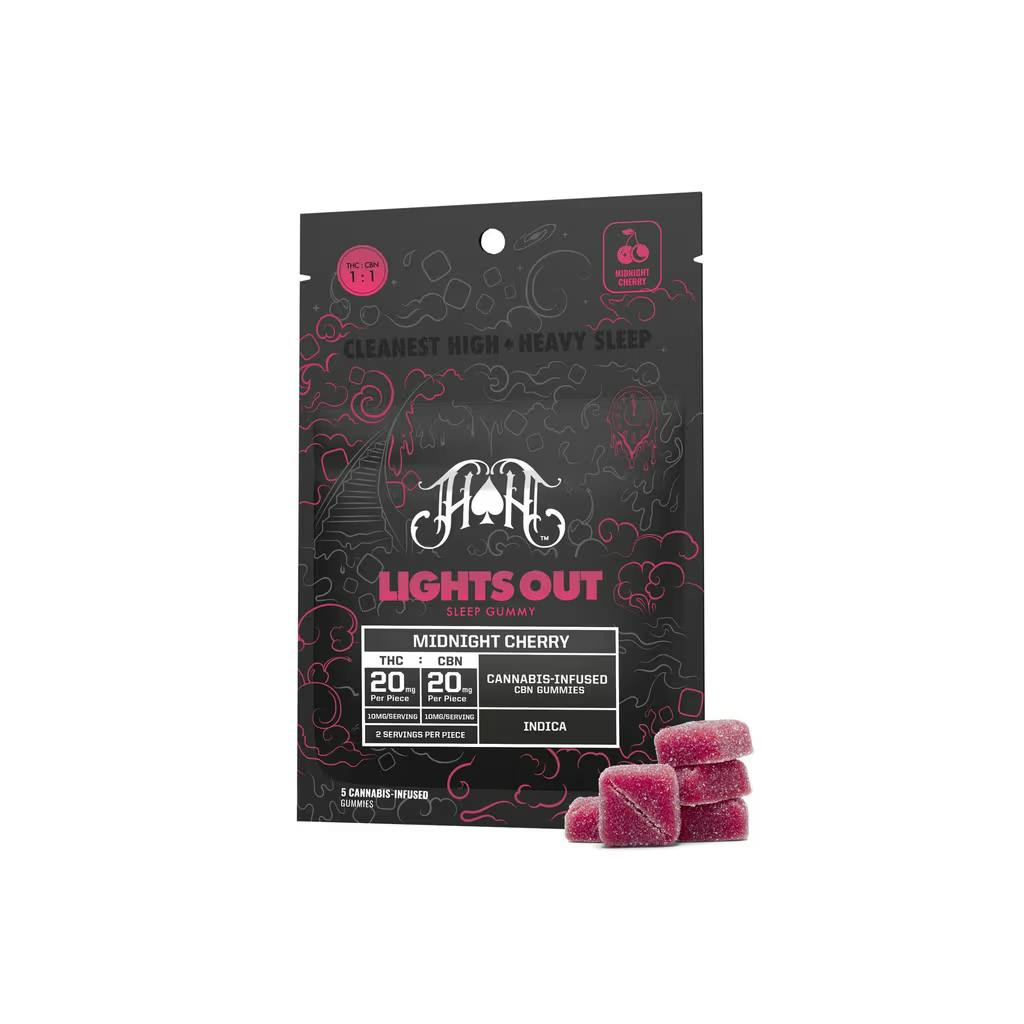 Heavy Hitters Midnight Cherry Lights Out 1:1 THC:CBN 5pk 100mg Gummies