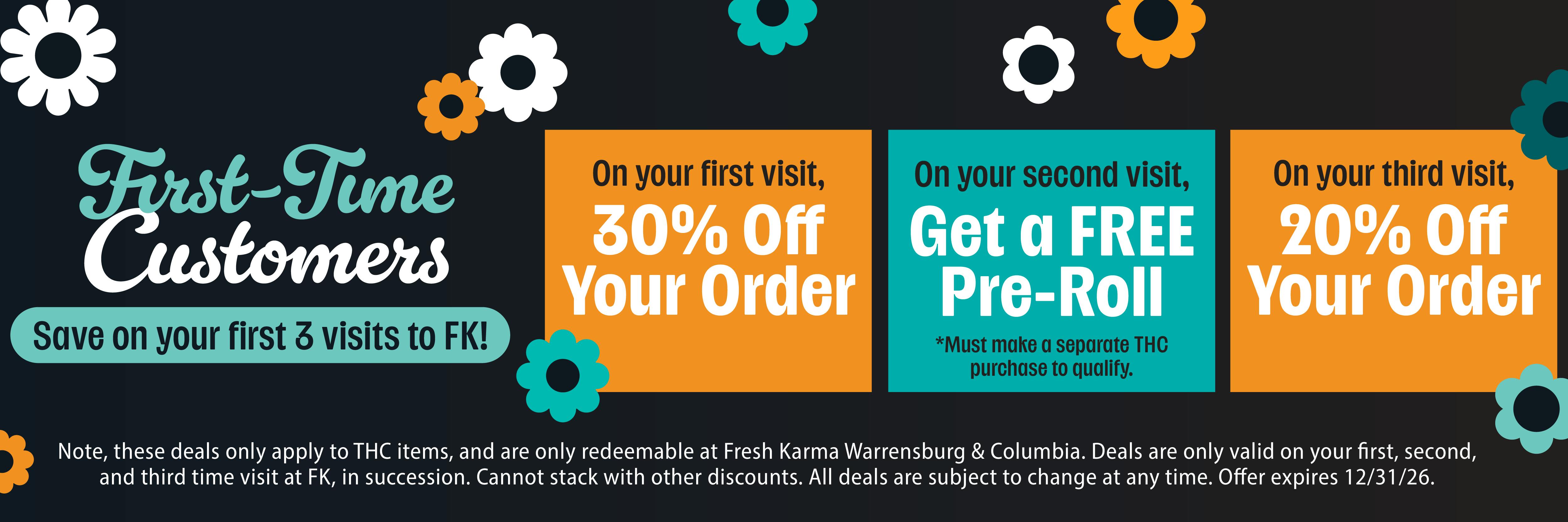 First-Time Customers save on your first three visits to Fresh Karma. Get 30% off your first order, a free pre-roll with purchase on your second visit and 20% off your third visit. Exclusions may apply and offer must be redeemed on the first three visits in succession. 