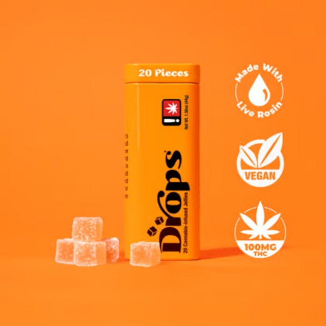 Made with Strain-Specific Live Rosin Strain: Orange Sherbert (sativa) Effect: Creative. Mentally Stimulating. Dosage: 100mg THC Pieces: 20