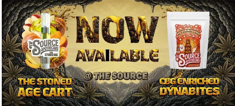 Promotional graphic for The Source Apothecary's The Stoned Age cart and CBG Enriched 400mg DynaBites, now available at The Source Dispensary in Rogers, Arkansas — stone-carved  lettering with oil dripping and prehistoric cave design.