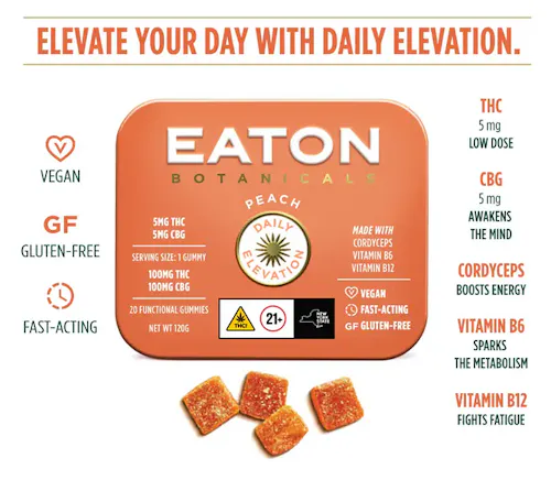 Eaton Botanicals ‘Daily Elevation’ | Peach | 5mg/THC 5mg/CBG Gummy | With Cordyceps / Vitamin B6 / Vitamin B12 | 20pk-2