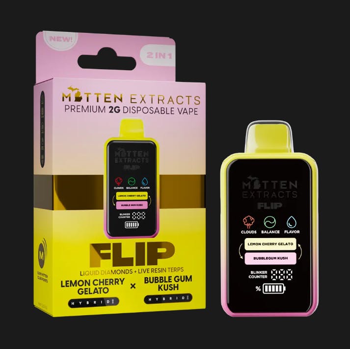 Mitten Extracts MITTEN EXTRACTS | LEMON CHERRY GELATO (1G | HYBRID) x BUBBLE GUM KUSH (1G | HYBRID) | FLIP DISPOSABLE — VAPORIZERS