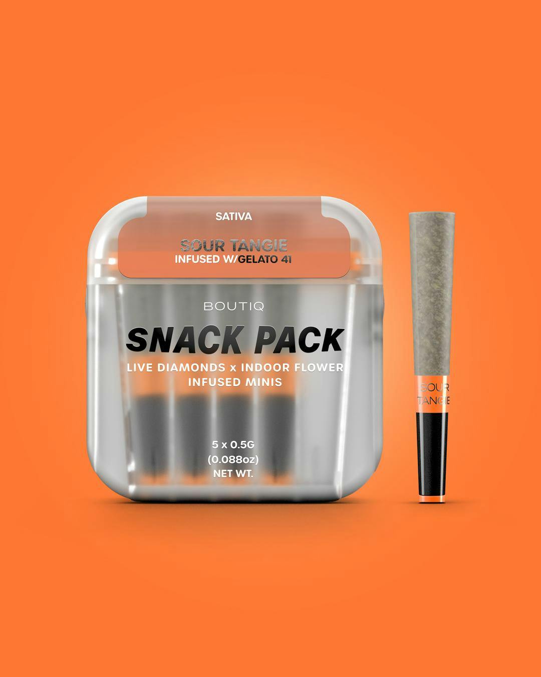 Boutiq Snack Pack | Sour Tangie x Gelato 41 | Sativa (5 x .05g) | Diamond Infused Prerolls