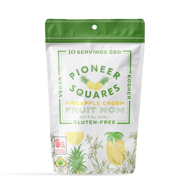 PIONEER SQUARES Pineapple Crush CBD:THC gummies are gluten-free, vegan and Kosher. Candied artisan fruit candy chew. We start with a tart pineapple candy chew and add a sweet candied pineapple slice in the middle. 50mgCBD:50mgTHC per bag, 5mgCBD:5mgTHC per gummy. Ingredients: Light Corn Syrup, Sugar, Water, Fruit Pectin, Pineapple, Baking Soda, Cannabis Extract, Pineapple Flavor (Natural Flavors, Sunflower Oil), Canola Oil, Citric Acid, Agar Agar
