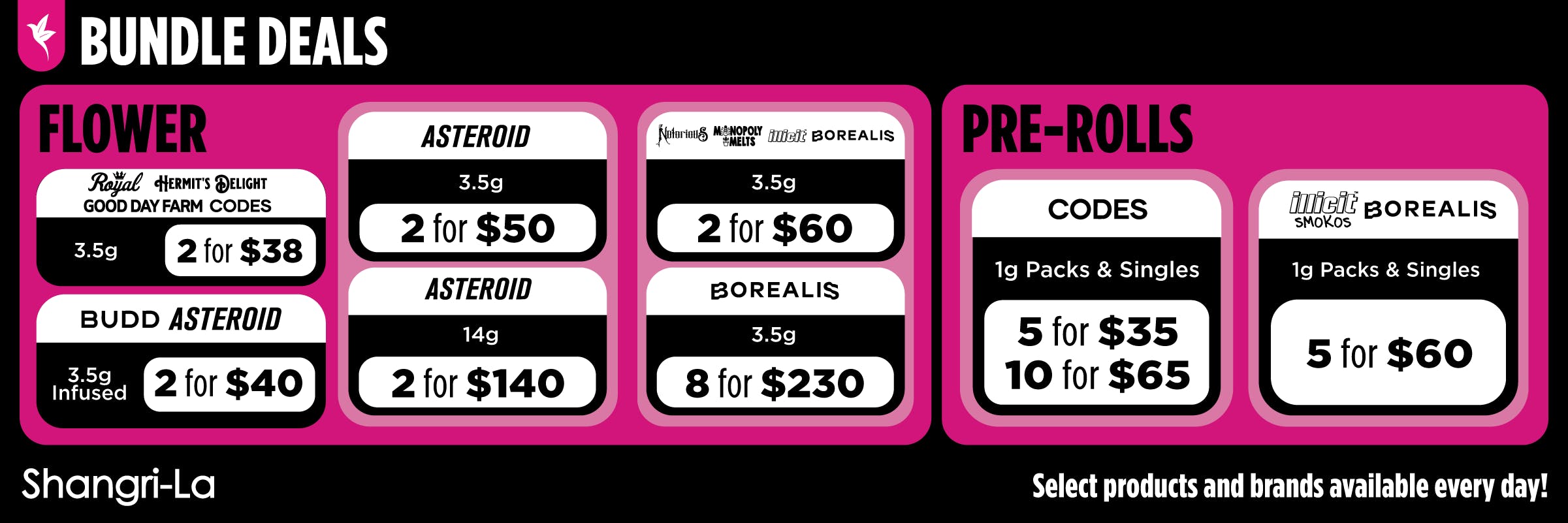 Shangri-La bundle deals promotion featuring flower and pre-roll offers across multiple brands. Flower deals include 3.5g options from Royal, Hermit’s Delight, Good Day Farm, and Codes at 2 for $38, as well as Budd Asteroid infused 3.5g at 2 for $40. Additional 3.5g offers include Asteroid and Pinchy’s at 2 for $50, and Notorious, Monopoly Melts, Illicit, and Borealis at 2 for $60, alongside larger format deals like Asteroid 14g at 2 for $140 and Borealis 3.5g at 8 for $230. Pre-roll deals include Codes 1g packs and singles at 5 for $35 or 10 for $65, and Illicit, Smokos, and Borealis 1g packs and singles at 5 for $60, with a note that select products and brands are available every day.