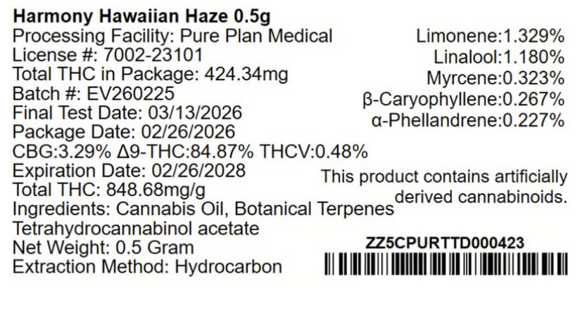 Pure Harmony Hawaiian Haze Distillate Cartridge