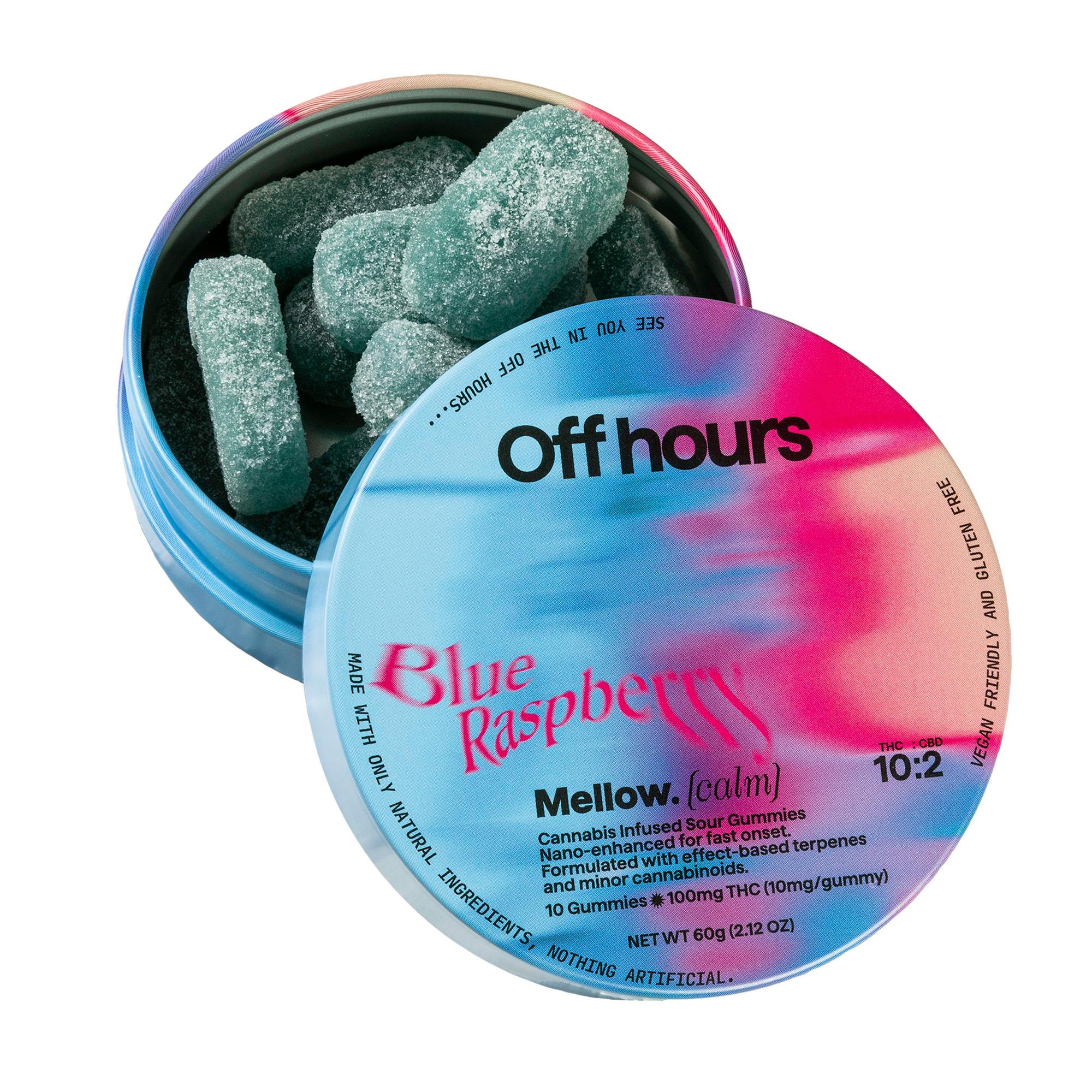 Off Hours | BlueRaspberry Mellow | 100mgOff HoursTHCTHC: 100 mgCBD: 20 mgOff hours gummies buy 3 get 20% off (exclude Rosin)