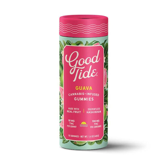 Take a tropical plunge with Good Tide guava gummies. Infused with rosin extracted from hybrid cannabis strains, our guava gummies offer a balanced high with true-to-plant properties. The naturally occurring terpenes and minor cannabinoids present in our single-strain, solventless hash rosin combine with the real-fruit guava ingredients to create a deliciously rounded experience. Dive in‚ the vacation has already begun. 10mg per gummy, 100mg per container.