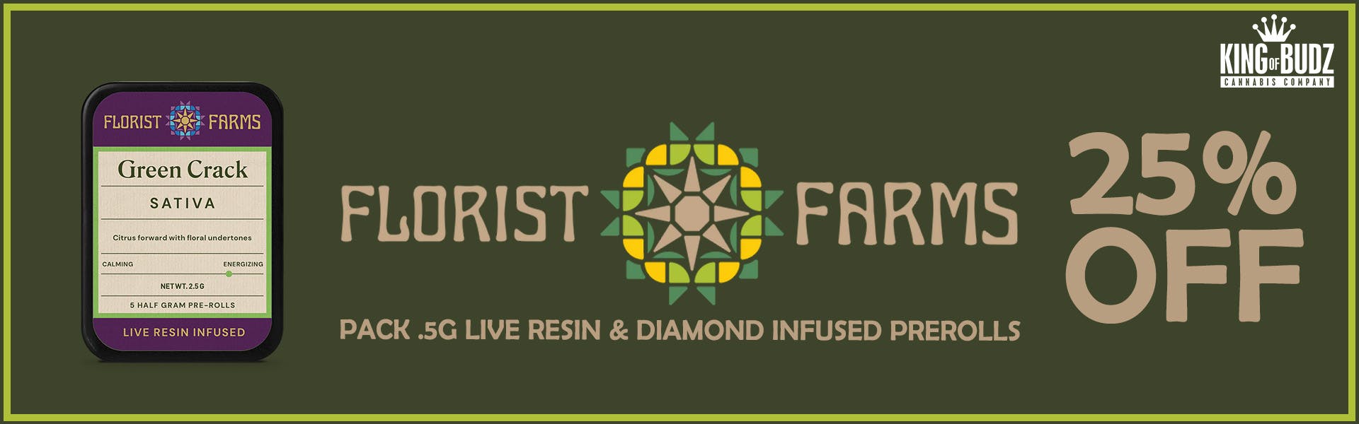 Florist Farms - 5 Pack .5g Live Resin AND Diamond Infused Prerolls - 25 Percent OFF
