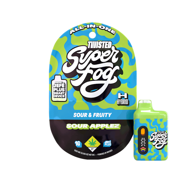 TYPE: Hybrid
TASTING NOTES: Sour & Fruity
Sweet apple vibes lead with a mellow intro before the sour edge barges in with Sour Applez. That tang sticks around just long enough to keep things interesting. It’s a flavor that knows how to grab attention without being pushy.
TWISTED is a flavorful, high-strength concentrate that uses melted THCa diamonds for potency and all-natural terpenes for unique flavor profiles that are exciting and familiar. 
Introducing the upgraded Mfused Jefé Plus device! 
LED screen display
Dosing Timer – Time your hits to monitor vapor intake
Battery Life – Monitor battery level so you’re never caught off guard
Temperature Display – Easily see which temperature your device is set to
Cold Start Timer – Countdown timer to indicate when device is ready for usage
Spark Button allows for a fully customized cannabis experience
Two Taps – Cold Start: Preheat oil and prevent potential clogging issues
Three Taps – Change Temperature: Three different temperatures
Five Taps – On/Off: Control battery life by turning off device when not in use
Discreet size and ergonomic shape for convenience
Custom-designed atomizer tuned for each oil type and product line
Fast charging via USB-C with multi-day battery endurance
Zero harmful additives 
Independently tested to ensure product safety
Designed, tested and developed in the U.S. with our aerosol testing laboratory
Built-in seven-second safety timer prevents the atomizer from overheating