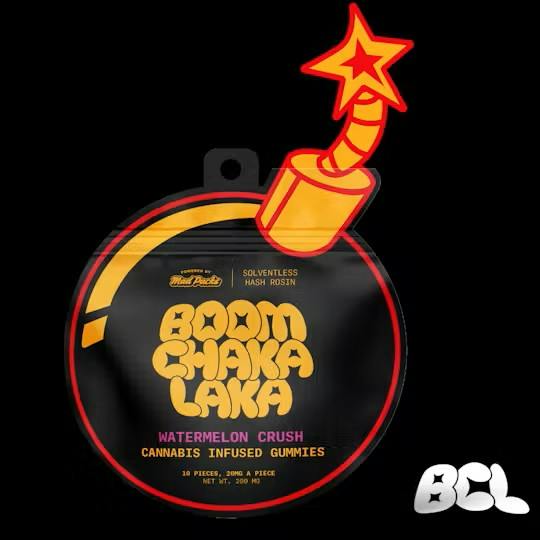 Boom Chaka Laka Watermelon Crush - Hash Rosin Gummies 200MG by Mad Packs – Edibles at Gatsby Cannabis