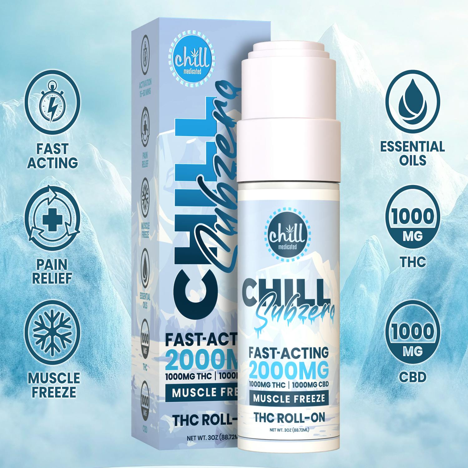 Chill Medicated - 1000mg THC:1000mg CBD Topical Roll On - Subzero