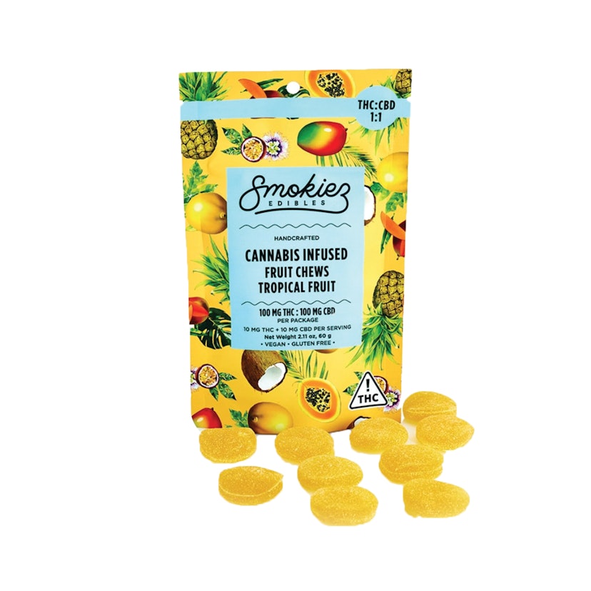 Smokiez Edibles: 1:1 THC/CBD Tropical Fruit Chews (H) 100mg