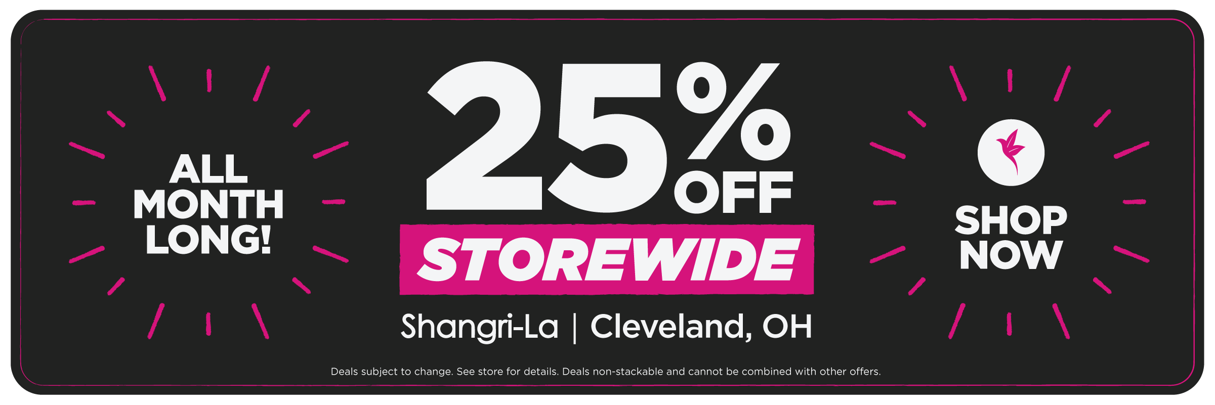 Shangri-La Cleveland dispensary banner advertising 25% off storewide all month with Shop Now call-to-action for the Cleveland, Ohio recreational cannabis dispensary.