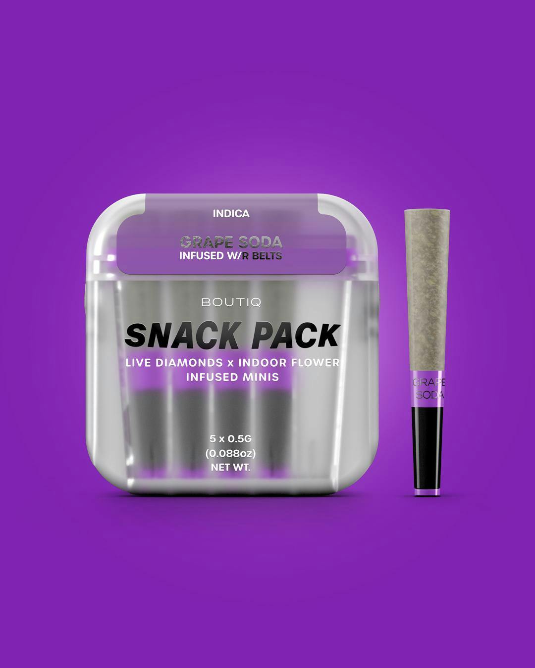 Boutiq Snack Pack | Grape Soda x Rainbow Belts | Indica (5 x .05g) | Diamond Infused Prerolls