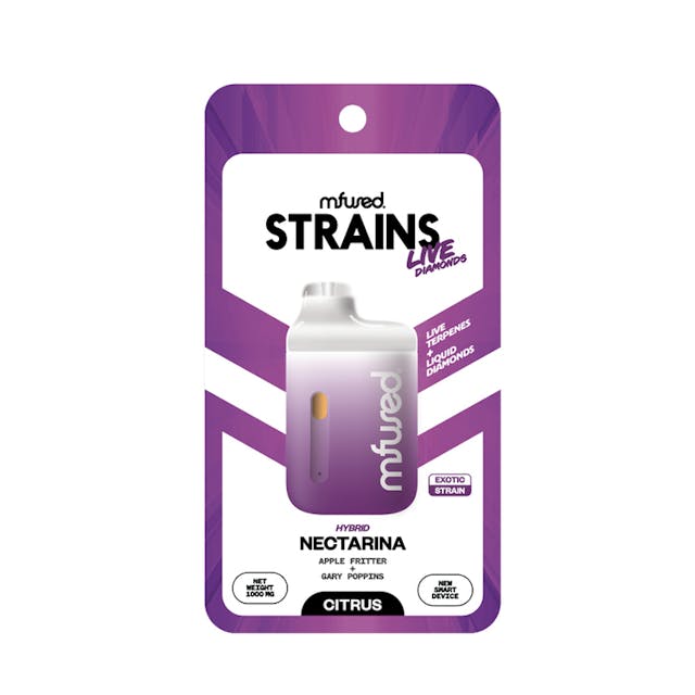 STRAINS Live Diamonds Jefe - Nectarina TYPE: Hybrid GENETICS: Apple Fritter x Gary Poppins TASTING NOTES: Citrus, Fruity, Sweet CLASSIFICATION: Exotic Strain / Citrus Profile Experience the pinnacle of cannabis luxury with our NEW STRAINS Live Diamonds Jefe Disposable. We harvest terpenes exclusively from fresh, live, NEVER-frozen flower cultivated by our esteemed partner farms and top genetic houses nationwide. Our process starts with extracting and crystallizing only the purest THCa diamonds from the plant. These high-potency diamonds are melted down and seamlessly blended with our live terpene profiles, allowing the authentic flavors of our cannabis strains to shine through, creating an unparalleled vaping experience. Elevate your journey with pure, potent, and flavorful hits. + True-to-Strain Cannabis Profiles from Live Terpenes + High Potency Effects from Melted THCa Diamonds + ON/OFF button for added user control and efficiency + Brand new ergonomic shape, perfect on-the-go companion + Custom-designed atomizer, tuned for the most authentic expression of our extracts + Spark Button allows for a fully customized cannabis experience + Button controls device on/off, cold-start, and variable temperature settings + Fast charging via USB-C with multi-day Battery Life + Zero Artificial Additives and Flavoring + Independently tested to ensure product safety Follow our journey @mfusedproducts and @mfusedculture!