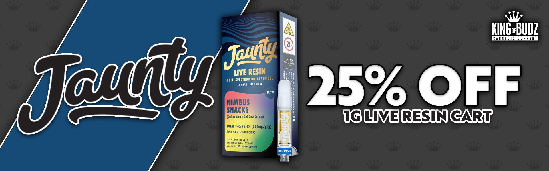 Jaunty - 1g Live Resin Cart  25 Percent OFF