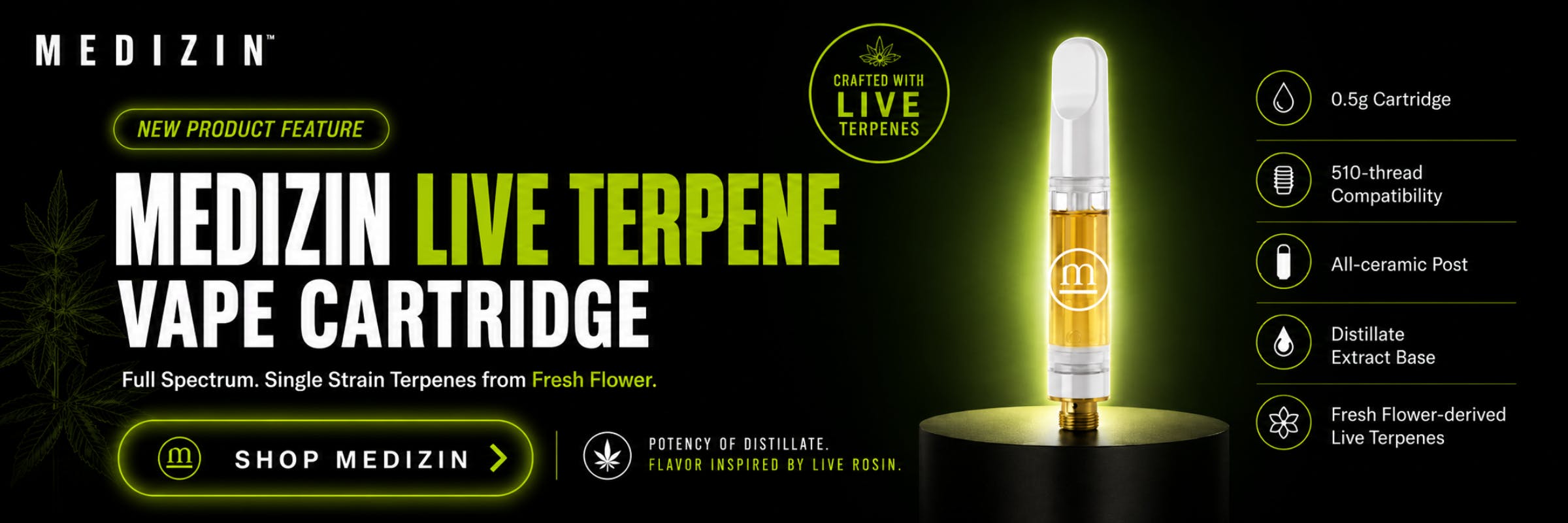 Medizin Live Terpene Vape Cartridge. Full Spectrum. Single Strain Terpenes from Fresh Flower. Potency of Distillate. 0.5g Cartridge.