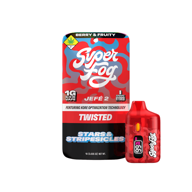 TYPE: Indica Dom. Hybrid
TASTING NOTES: Berry & Frosty

Inspired by the frozen treat you chased all summer long, Stars & Stripesicles delivers juicy fruit flavor with a refreshing sour finish that’s equal parts nostalgic and delicious. Summer never tasted this good.

TWISTED is a flavorful, high-strength concentrate that uses melted THCa diamonds for potency and all-natural terpenes for unique flavor profiles that are exciting and familiar.

Introducing the all-new Mfused Jefé 2 device!
LED screen display
Dosing Timer – Time your hits to monitor vapor intake
Battery Life – Monitor battery level so you’re never caught off guard
Temperature Display – Easily see which temperature your device is set to
Cold Start – Two taps: six-second preheat with on-screen countdown to prevent potential clogging issues
Temp Modes – Three taps: cycle through Flavor Savor, Blaze Mode and K.O. Mode
K.O. Mode – Kore Optimization Mode delivers a 15-second extended draw while protecting oil quality
Ninja Mode – Four taps: display and all light output off; repeat to exit
On/Off – Five taps: control battery life by turning off device when not in use
Gen3 postless ceramic core, custom-tuned for each oil type and product line
Discreet size and ergonomic shape for convenience
Fast charging via USB-C with multi-day battery endurance
Zero harmful additives
Independently tested to ensure product safety
Designed, tested and developed in the U.S. with our aerosol testing laboratory