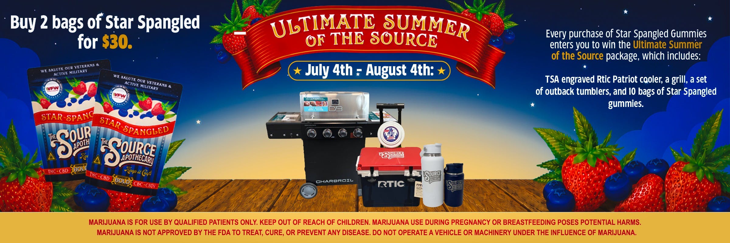 A starry night banner for The Source Dispensary and Apothecary announces "Buy 2 bags of Star Spangled for $30" alongside the "Ultimate Summer of the Source" giveaway, running July 4th through August 4th, and displays a grill, RTIC cooler, tumblers, frisbee, and two Star Spangled gummy pouches arranged on a wooden picnic table.