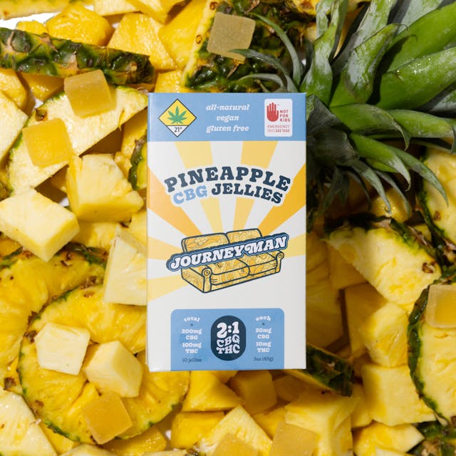 Tart, tangy, a sweet taste of paradise – our Pineapple Jellies will leave you sunny and stoned. A 2:1 ratio of CBG to prep your mind and body for any radical journey. All-Natural, Vegan and Gluten Free 200mg CBG/100mg THC, 10-pack (20mg CBG/10mg THC each)
